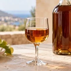 Verre de vin de Marsala ambré avec raisins blancs