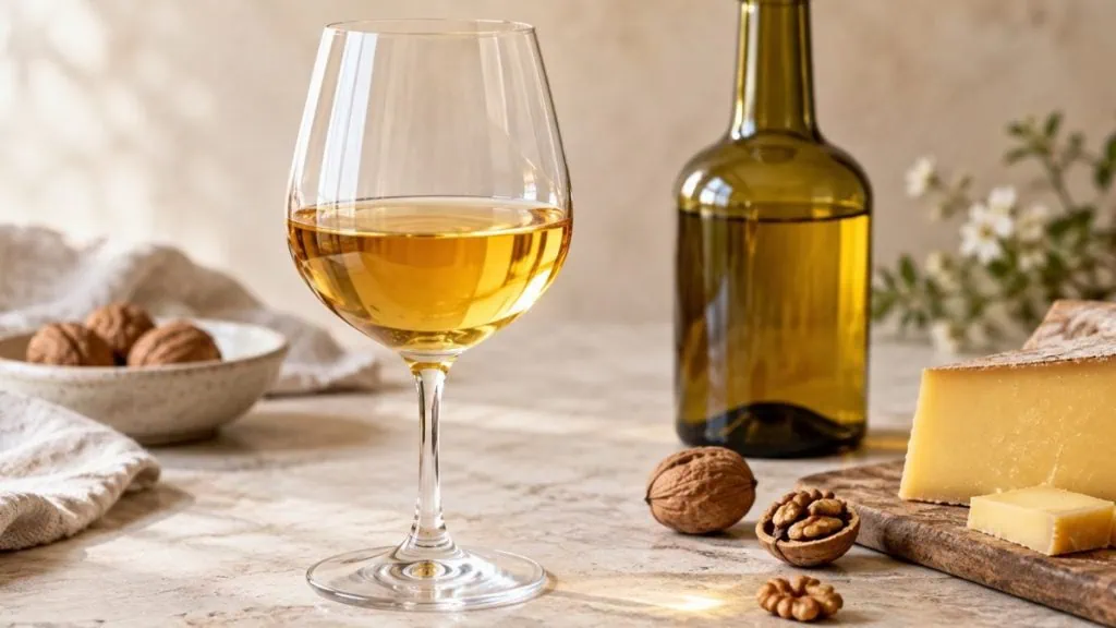 Verre de vin jaune du Jura avec noix et comté