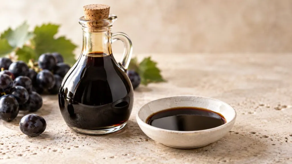 Vinaigre balsamique sombre dans une bouteille neutre et une coupelle claire