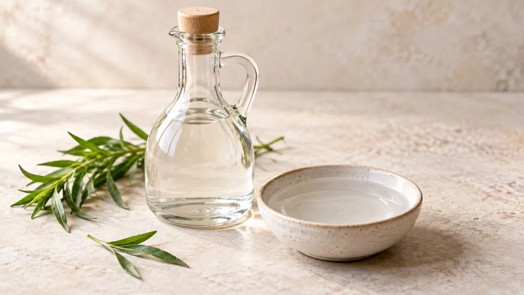 Vinaigre blanc transparent dans une bouteille neutre et un bol en grès clair