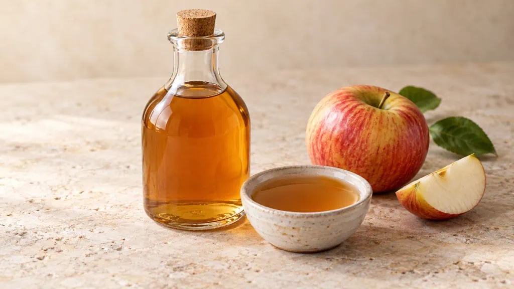 Vinaigre de cidre ambré dans une bouteille et un ramequin avec une pomme