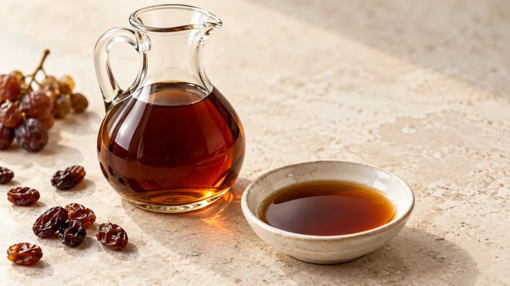 Vinaigre de Xérès ambré dans une carafe et une coupelle
