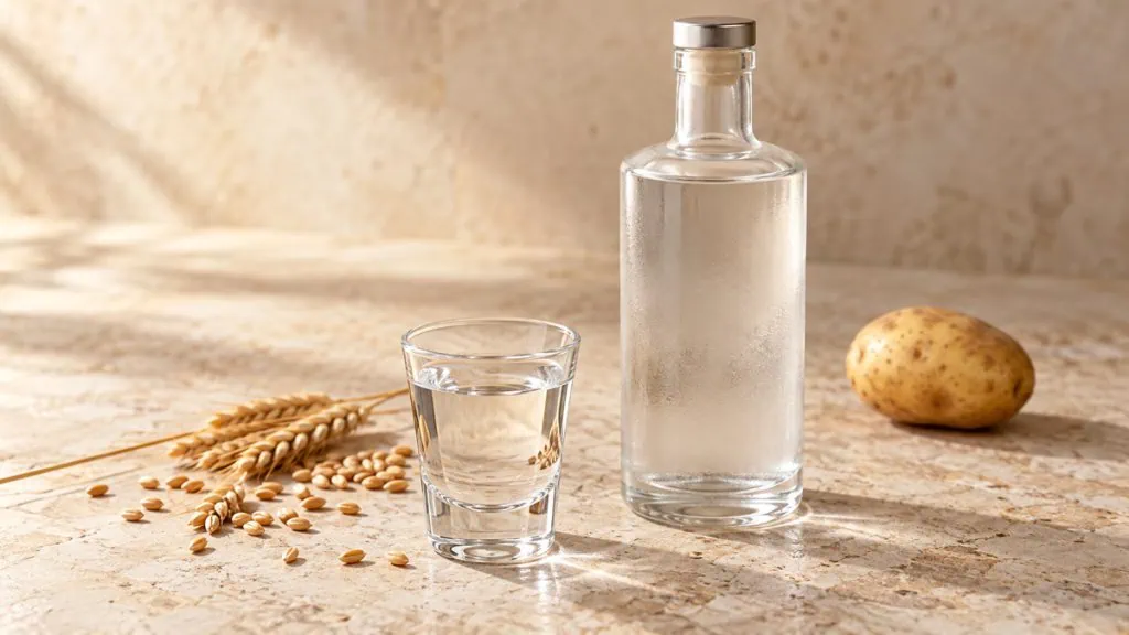 Vodka claire dans un verre avec une bouteille sans étiquette