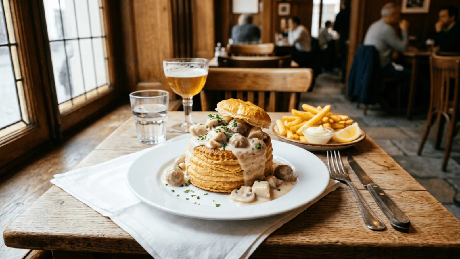 Vol-au-vent belge garni de poulet, boulettes et champignons en sauce blanche, servi avec des frites en brasserie