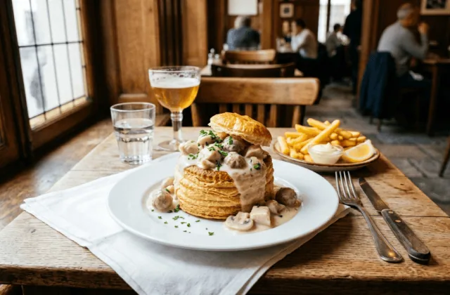 Vol-au-vent belge garni de poulet, boulettes et champignons en sauce blanche, servi avec des frites en brasserie
