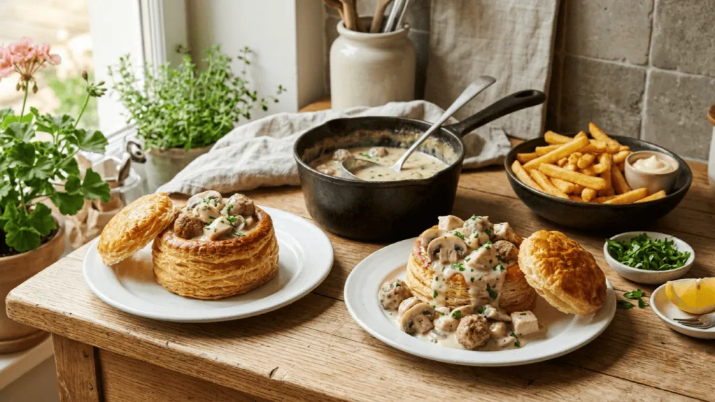 Vol-au-vent maison garnis de ragoût de poulet crémé aux champignons et boulettes, casserole de garniture et frites