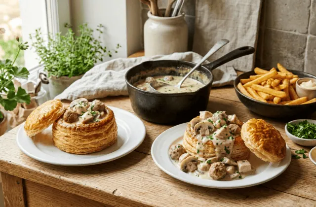 Vol-au-vent maison garnis de ragoût de poulet crémé aux champignons et boulettes, casserole de garniture et frites