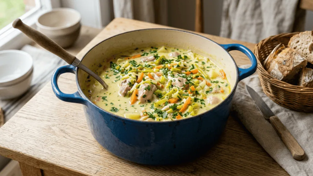 Waterzooi de poulet à la gantoise en cocotte : bouillon crémé, poulet, julienne de poireaux et carottes, persil, pain de campagne