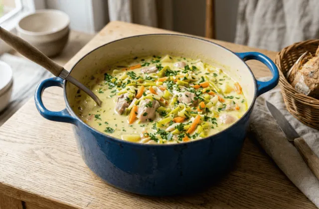 Waterzooi de poulet à la gantoise en cocotte : bouillon crémé, poulet, julienne de poireaux et carottes, persil, pain de campagne