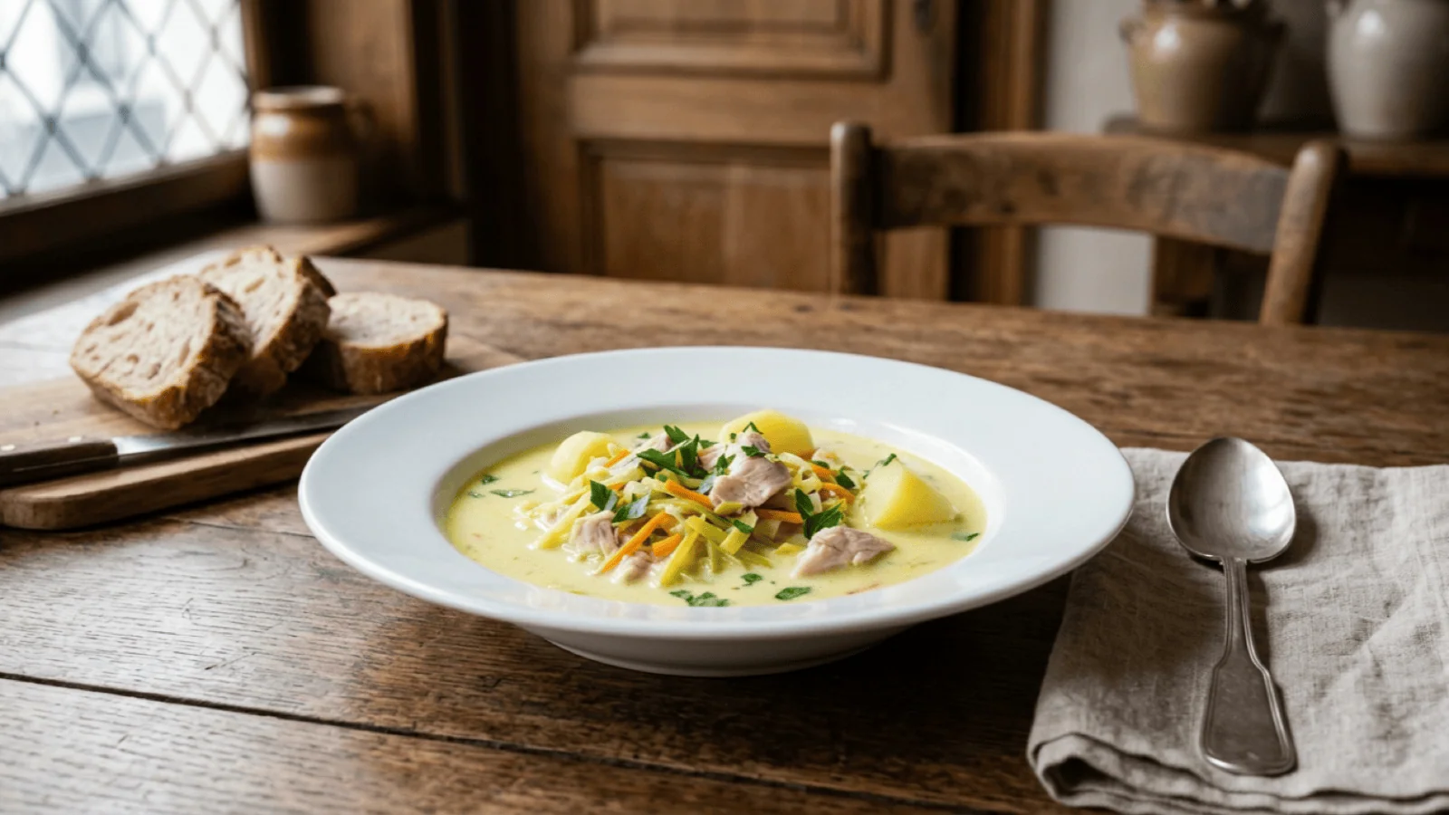 Waterzooi gantois au poulet en assiette creuse : bouillon crémeux jaune pâle, julienne de légumes, pommes de terre et persil