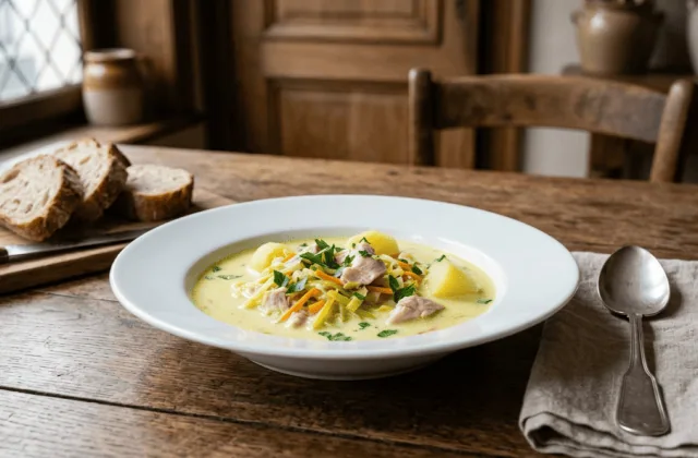 Waterzooi gantois au poulet en assiette creuse : bouillon crémeux jaune pâle, julienne de légumes, pommes de terre et persil
