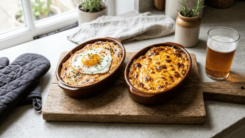 Deux welsh à la bière maison sortis du four, croûte de cheddar dorée et bouillonnante, l’un avec un œuf au plat