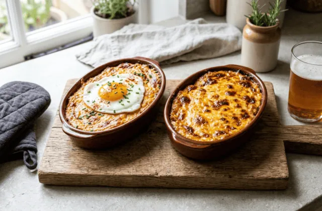 Deux welsh à la bière maison sortis du four, croûte de cheddar dorée et bouillonnante, l’un avec un œuf au plat