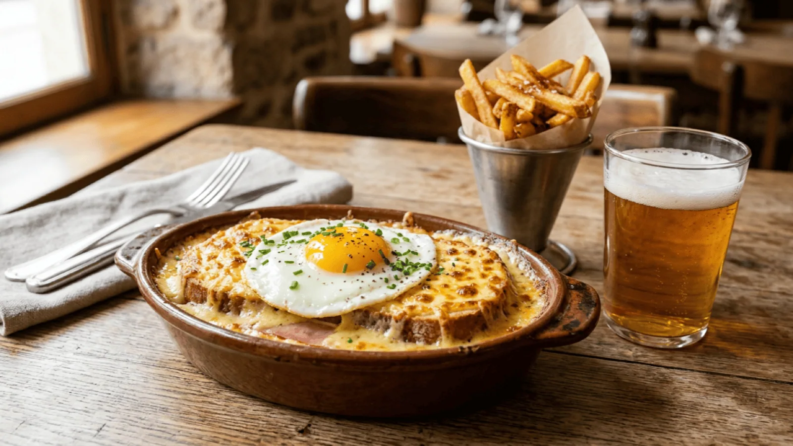 Welsh du Nord gratiné au cheddar et à la bière, œuf au plat, frites et verre de bière ambrée