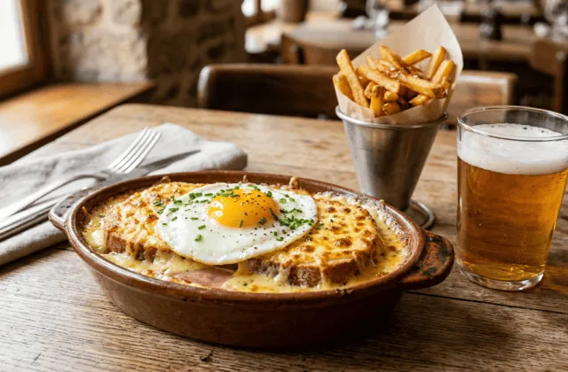 Welsh du Nord gratiné au cheddar et à la bière, œuf au plat, frites et verre de bière ambrée