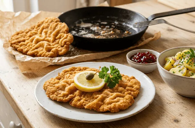 Wiener Schnitzel traditionnel à la panure soufflée, rondelle de citron et câpre, salade de pommes de terre et airelles