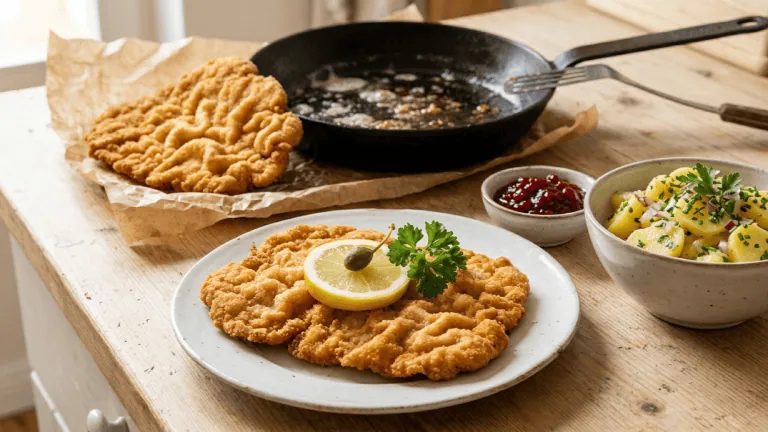 Wiener Schnitzel traditionnel à la panure soufflée, rondelle de citron et câpre, salade de pommes de terre et airelles