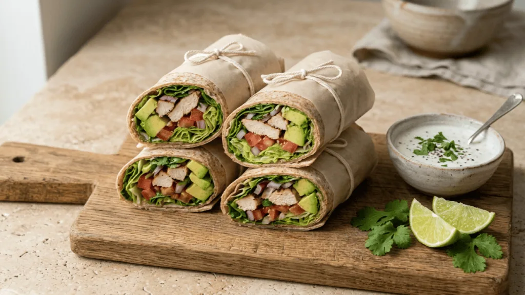 Wraps poulet-avocat maison coupés en biais et ficelés dans du papier cuisson, sauce yaourt-citron vert et coriandre