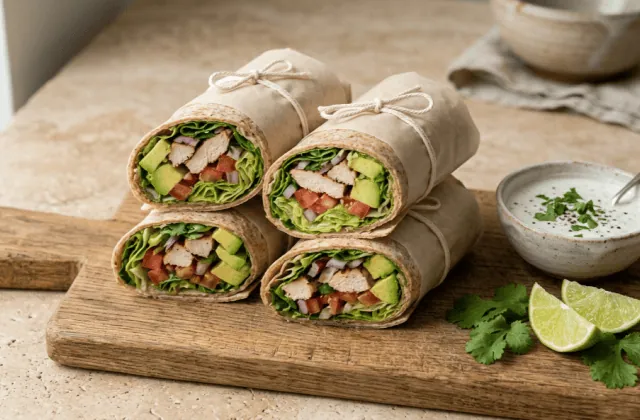 Wraps poulet-avocat maison coupés en biais et ficelés dans du papier cuisson, sauce yaourt-citron vert et coriandre