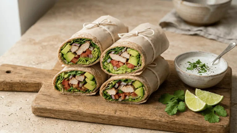 Wraps poulet-avocat maison coupés en biais et ficelés dans du papier cuisson, sauce yaourt-citron vert et coriandre