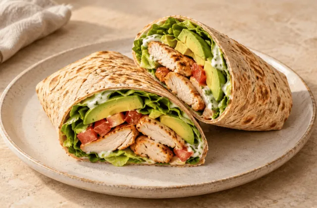 Wrap au poulet grillé, avocat, salade et tomate