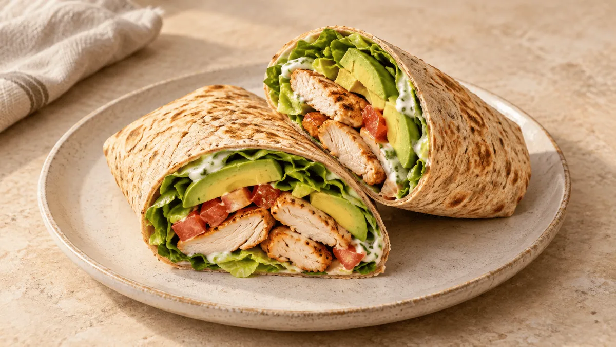Wrap au poulet grillé, avocat, salade et tomate