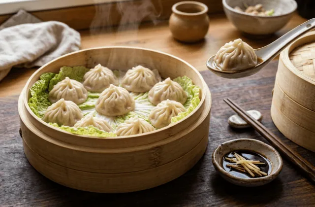 Xiao long bao maison dans un panier vapeur en bambou, un ravioli sur une cuillère, vinaigre noir au gingembre