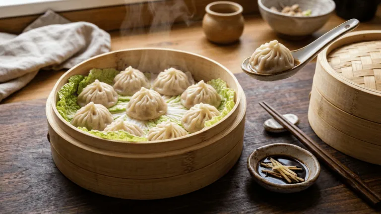 Xiao long bao maison dans un panier vapeur en bambou, un ravioli sur une cuillère, vinaigre noir au gingembre