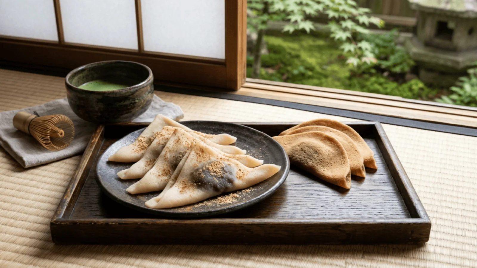 Nama-yatsuhashi de Kyoto pliés en triangle autour de l’anko, saupoudrés de cannelle et de kinako, avec des yatsuhashi croquants et un bol de matcha