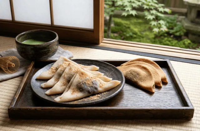 Nama-yatsuhashi de Kyoto pliés en triangle autour de l’anko, saupoudrés de cannelle et de kinako, avec des yatsuhashi croquants et un bol de matcha