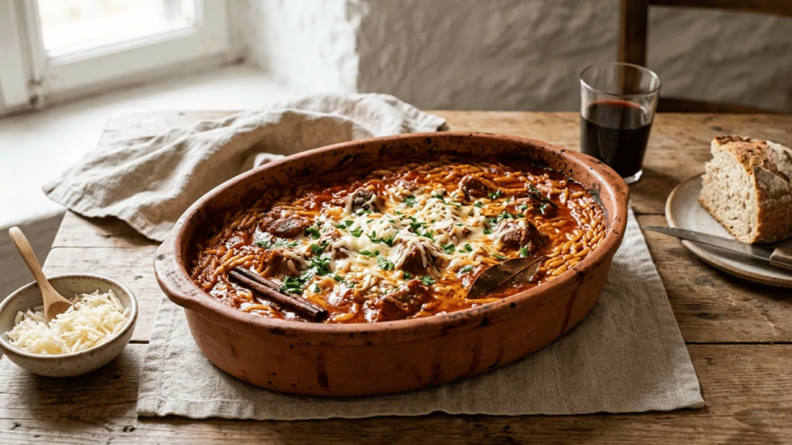 Youvetsi grec : kritharaki cuites au four dans une sauce tomate avec l’épaule d’agneau fondante, plat en terre cuite et kefalotyri râpé