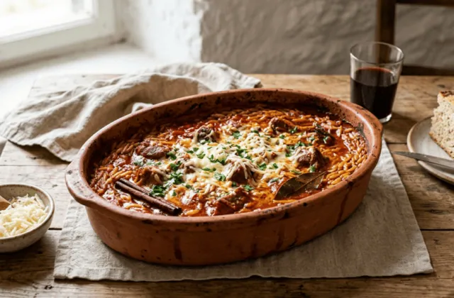 Youvetsi grec : kritharaki cuites au four dans une sauce tomate avec l’épaule d’agneau fondante, plat en terre cuite et kefalotyri râpé