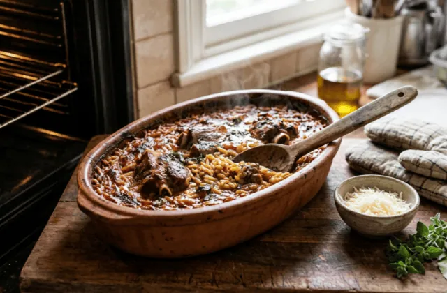 Youvetsi maison à la sortie du four : plat en terre cuite d’agneau et kritharaki à la tomate, kefalotyri râpé et origan frais