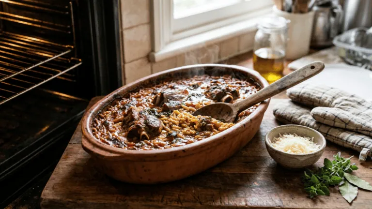 Youvetsi maison à la sortie du four : plat en terre cuite d’agneau et kritharaki à la tomate, kefalotyri râpé et origan frais
