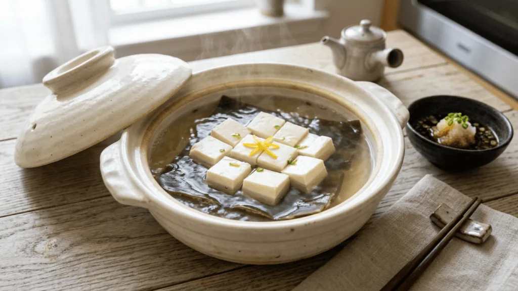 Yudofu au kombu maison : tofu soyeux en cubes dans un donabe de bouillon de kombu, zestes de yuzu et ponzu