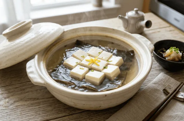 Yudofu au kombu maison : tofu soyeux en cubes dans un donabe de bouillon de kombu, zestes de yuzu et ponzu