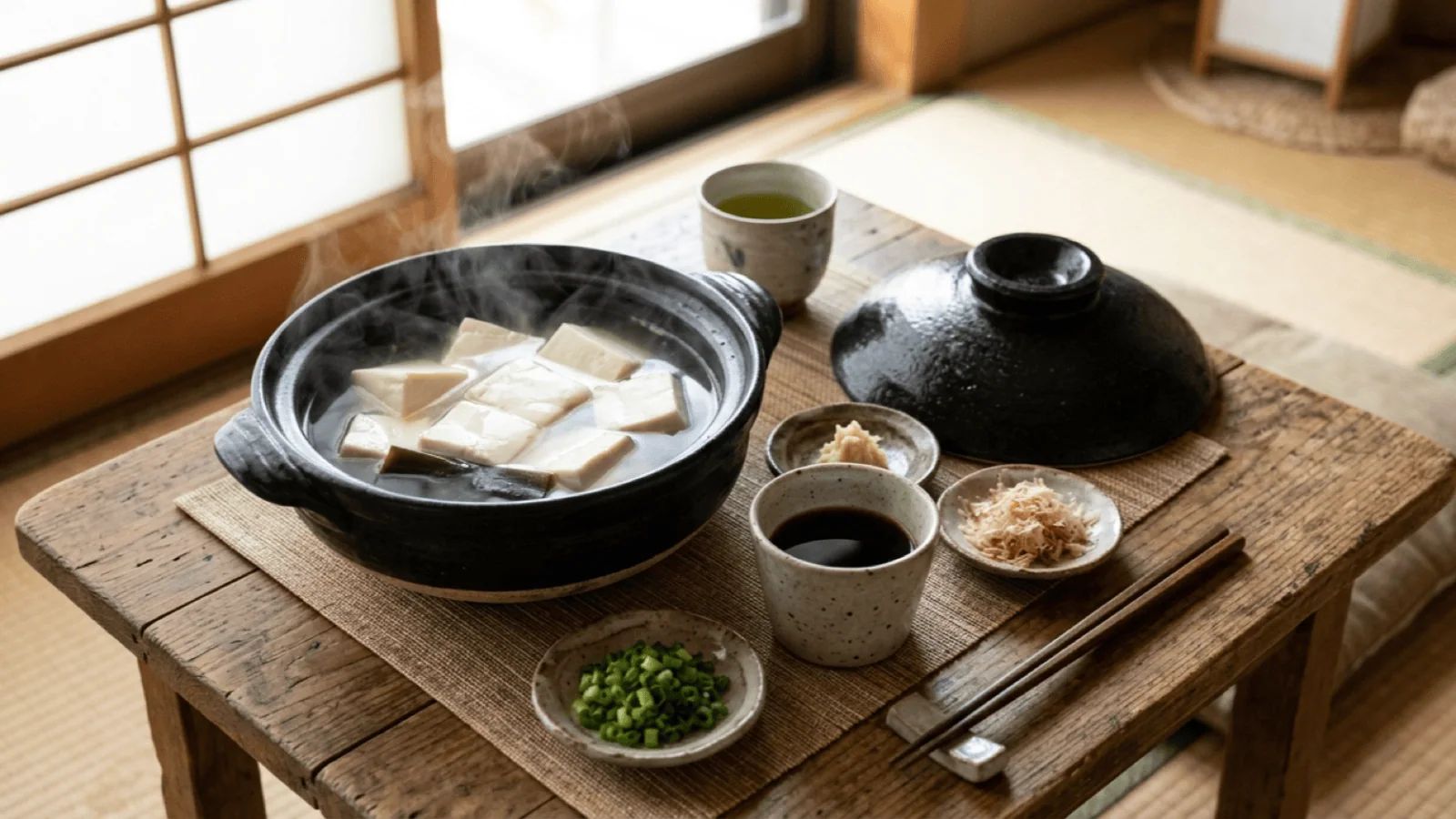 Yudofu de Kyoto : tofu soyeux mijotant dans un bouillon de kombu en donabe, ponzu et condiments
