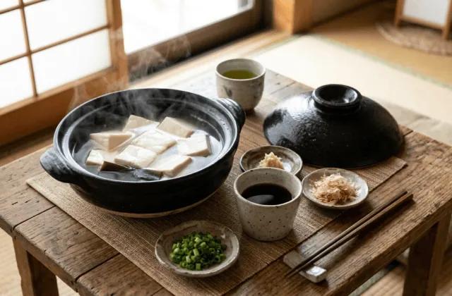 Yudofu de Kyoto : tofu soyeux mijotant dans un bouillon de kombu en donabe, ponzu et condiments