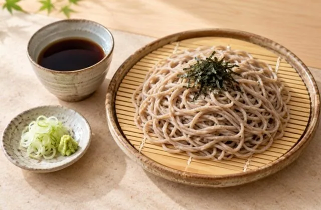 Zaru soba japonais avec nouilles de sarrasin froides, tsuyu et wasabi