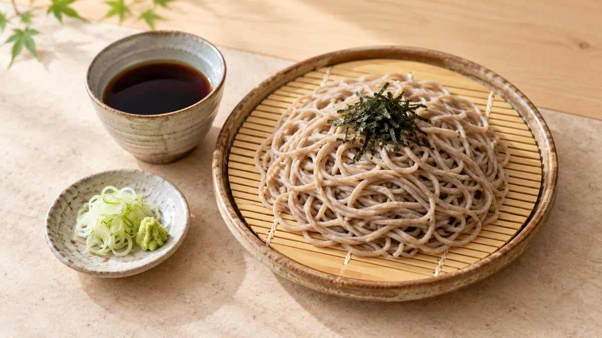 Zaru soba japonais avec nouilles de sarrasin froides, tsuyu et wasabi
