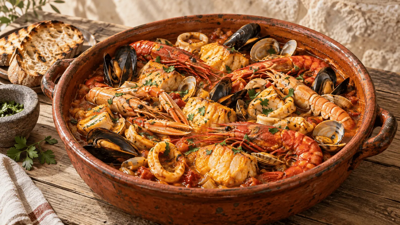 Zarzuela catalane servie dans une cassole en terre cuite avec poissons, gambas, moules et palourdes