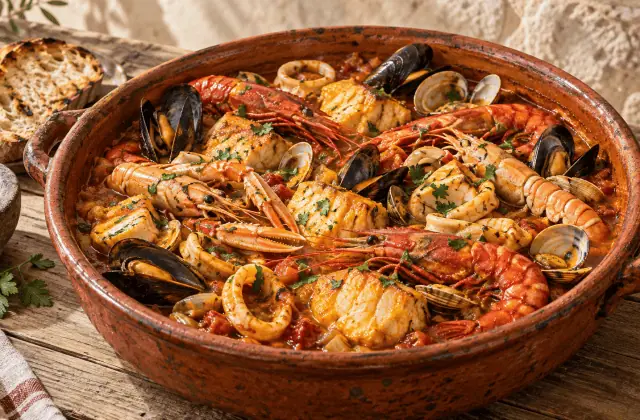 Zarzuela catalane servie dans une cassole en terre cuite avec poissons, gambas, moules et palourdes