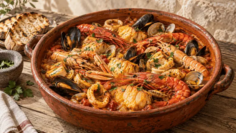 Zarzuela catalane servie dans une cassole en terre cuite avec poissons, gambas, moules et palourdes
